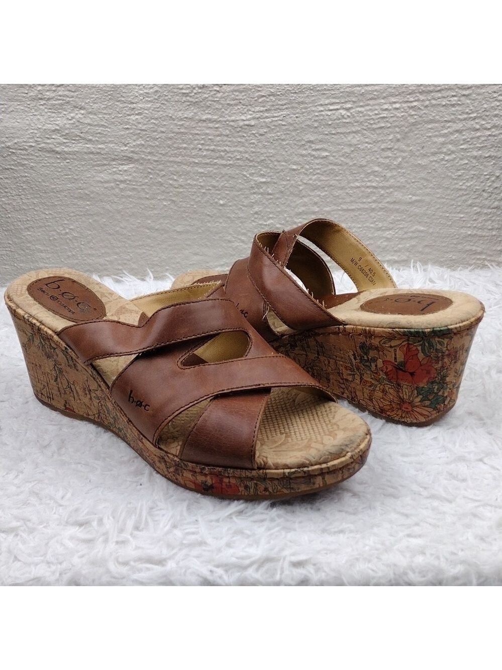 B.o.c Born Concept Brown Leather Cross Strap Almond Open Toe Wedge Sandals